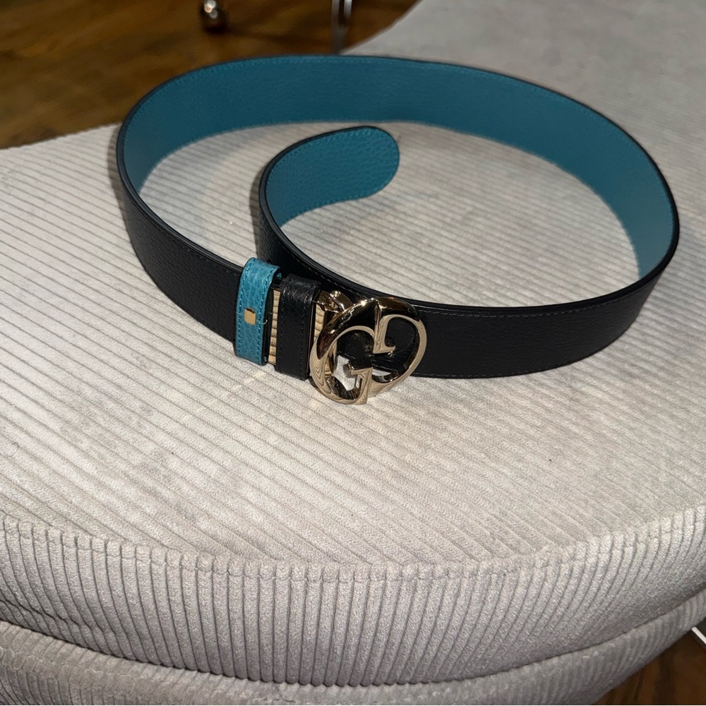 Gucci Black and Teal Belt with Heart Buckle